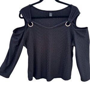 Ranlege Black Cold Shoulder Pointelle Knit Top Goth Grunge XL Edgy Dark Academic
